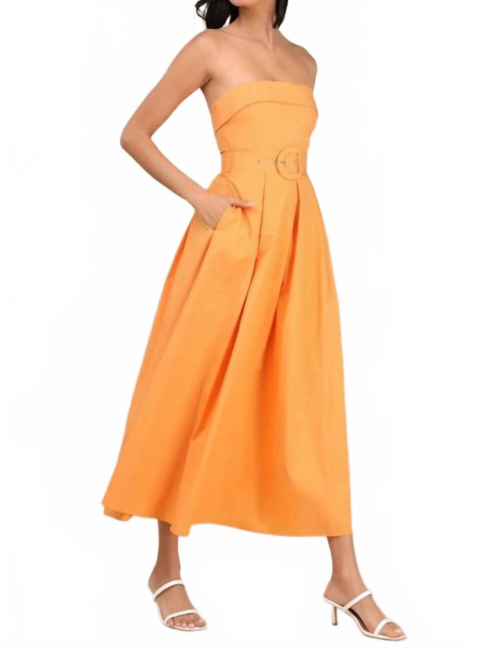 NEW LULUS trendsetting choice strapless midi dress with pockets in orange - Picture 2 of 3
